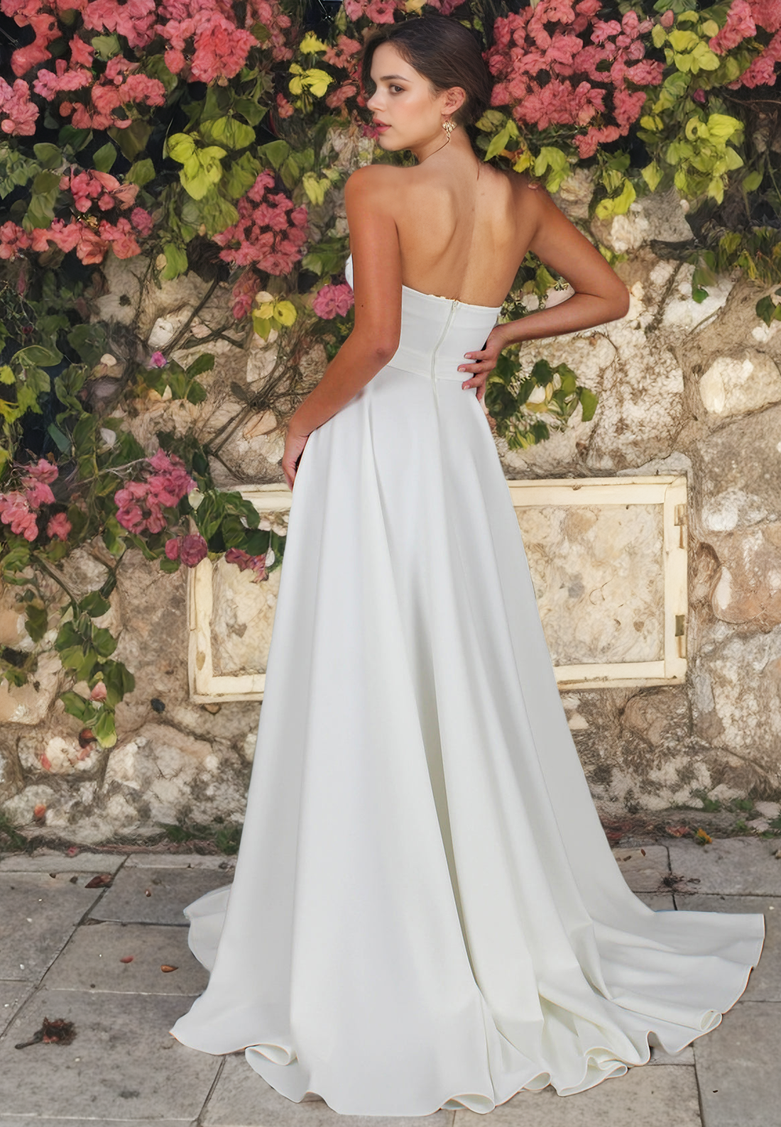 A-Line Strapless Sleeveless Pleated Long Wedding Dress with High Side Slit and Train