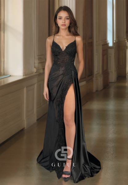 Sheath Spaghetti Straps Lace Appliques Long Prom Dress with Slit Formal Gown