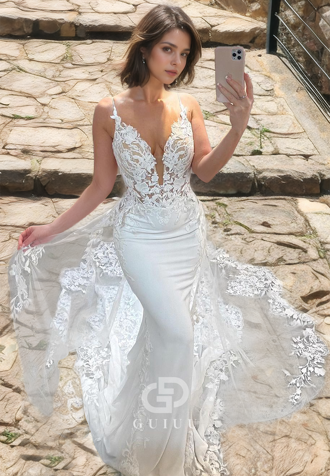 Mermaid V Neck Straps Sleeveless Appliques Long Wedding Dress with Train