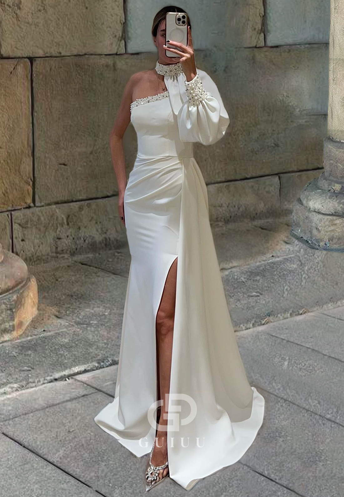 Sheath Halter Long Sleeves Beaded Long Prom Dress with High Side Slit and Train