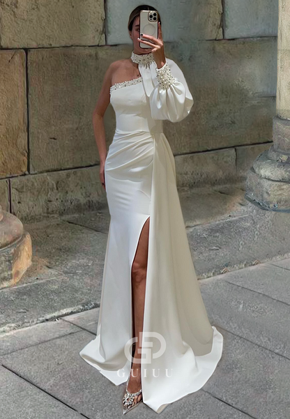 Sheath Halter Long Sleeves Beaded Long Prom Dress with High Side Slit and Train