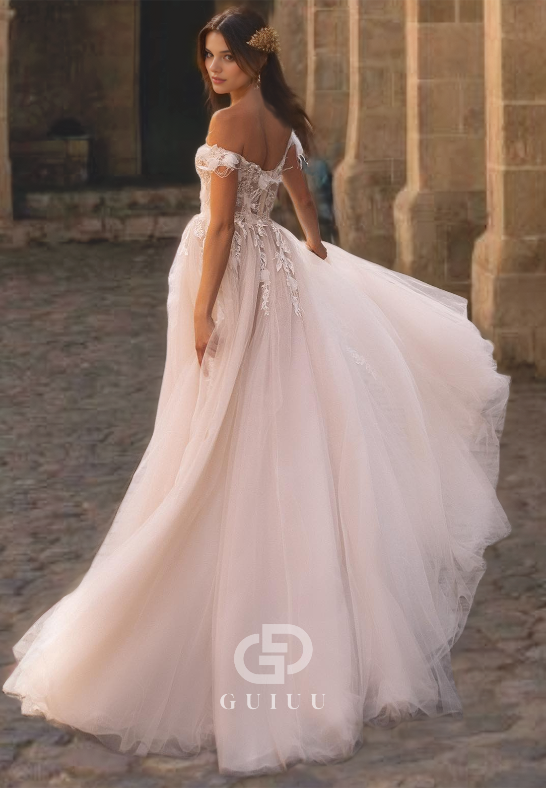 A-Line Off Shoulder Sleeveless Appliques Tulle Wedding Dress with High Side Slit and Train