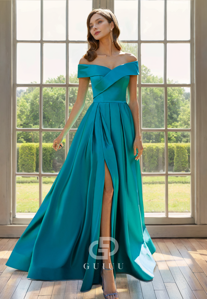 A-Line Off Shoulder Sleeveless Pleated Mother of Bride Dress with Slit