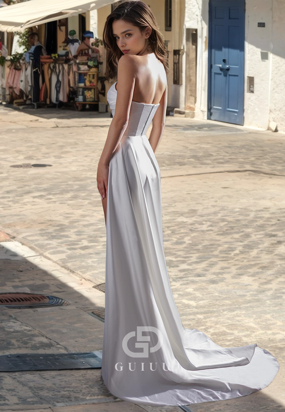 Sheath Strapless Sleeveless Pleated Back Zipper Wedding Dress with High Side Slit and Train