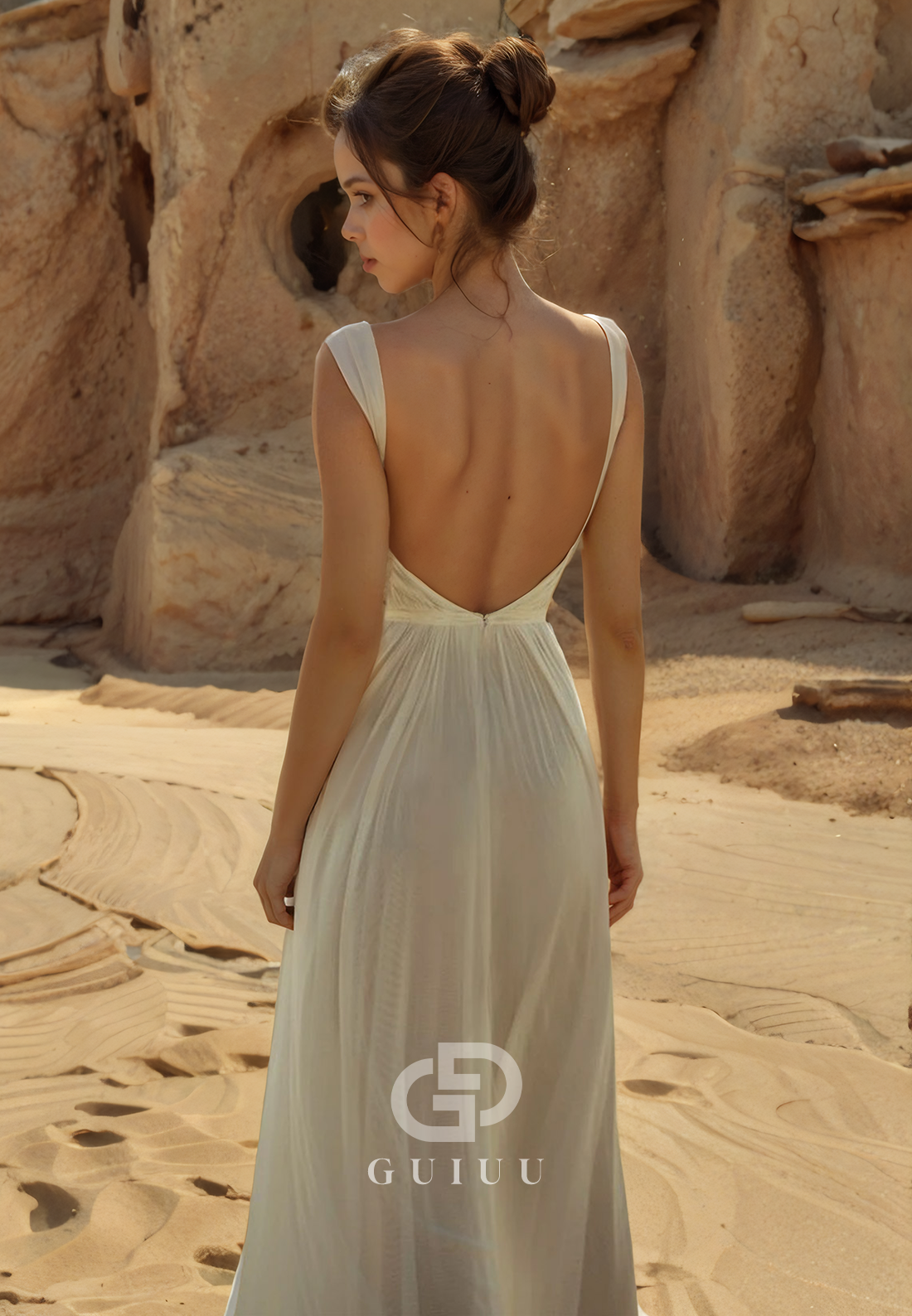 GW949 - A-Line Backless Straps Pleated Tulle Elegant Wedding Dress