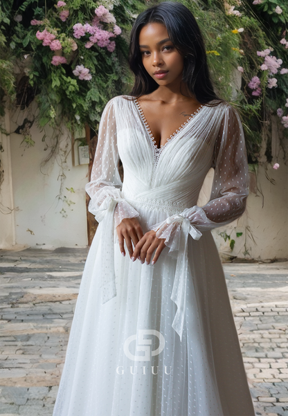 A-Line V Neck Long Sleeves Pleated Tulle Boho Wedding Dress with Train