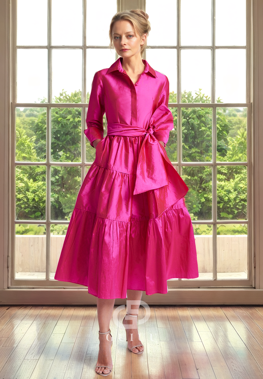 A-Line Long Sleeves Tea Length Mother of Bride Dress with Bow Knot