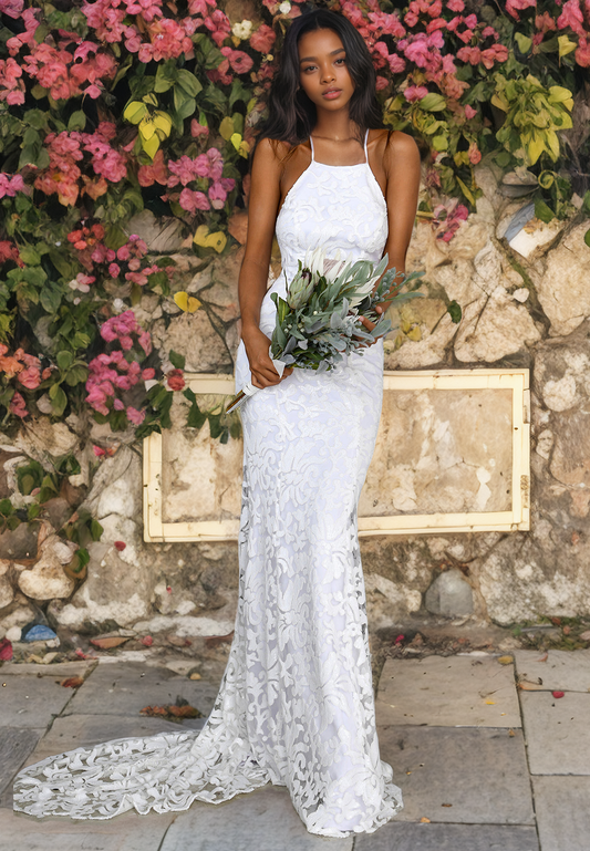 Mermaid Halter Sleeveless Fully Lace Open Back Long Wedding Dress with Train