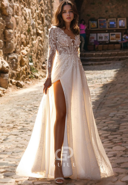 A-Line V Neck Long Sleeves Sequins Appliques Wedding Dress with High Side Slit and Train