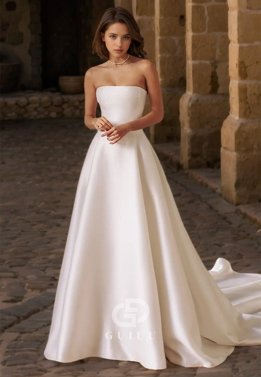 A Line Strapless Satin Simple Wedding Dress Bridal Gown