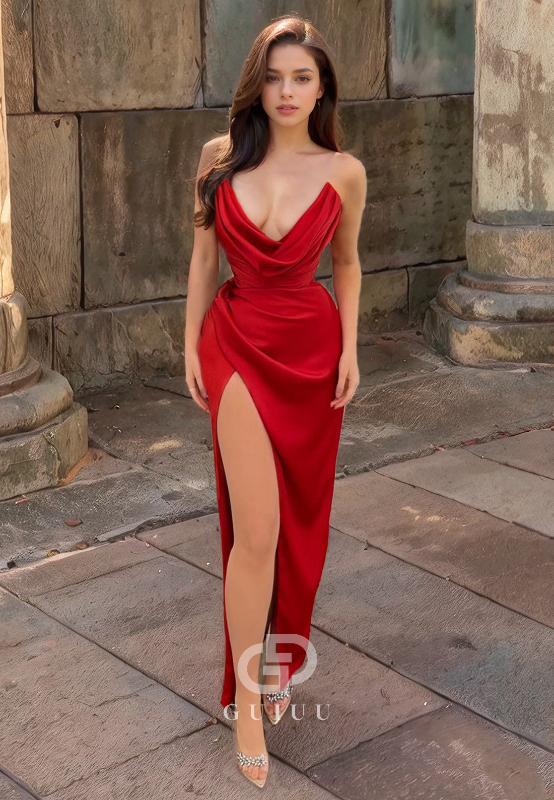 Sheath V Neck Sleeveless Pleated Long Prom Dress with High Side Slit