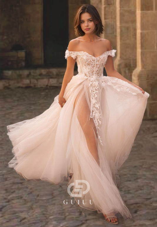 A-Line Off Shoulder Sleeveless Appliques Tulle Wedding Dress with High Side Slit and Train