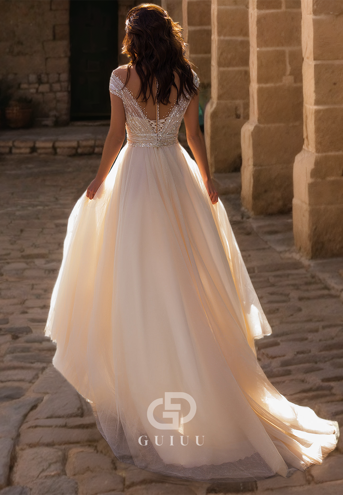 A-Line V Neck Straps Sleeveless Beaded Sequins Wedding Dress with High Side Slit and Train