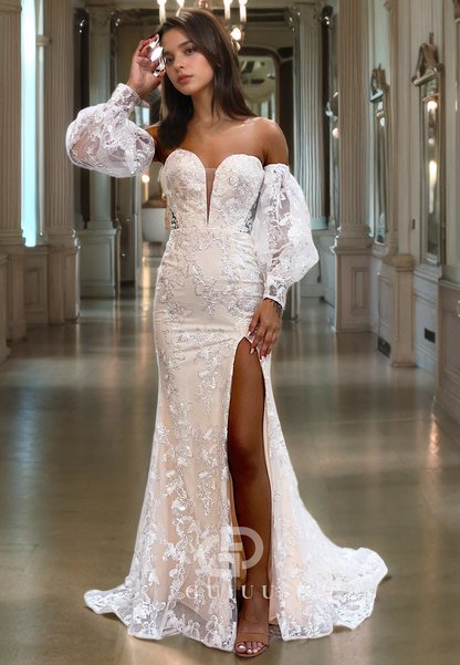 Sheath Off Shuoulder Long Sleeves Fully Lace Appliques Prom Dress with Side Slit