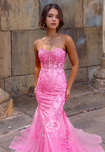 Mermaid Strapless Sleeveless Appliques Long Prom Dress with Train