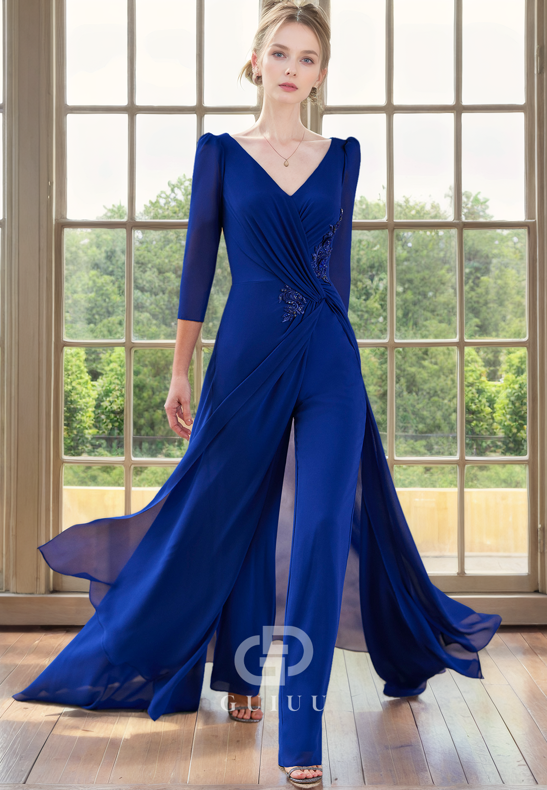 Jumpsuit V Neck 34 Length Sleeves Pleated Appliques Back Zipper Mother of Bride Dress