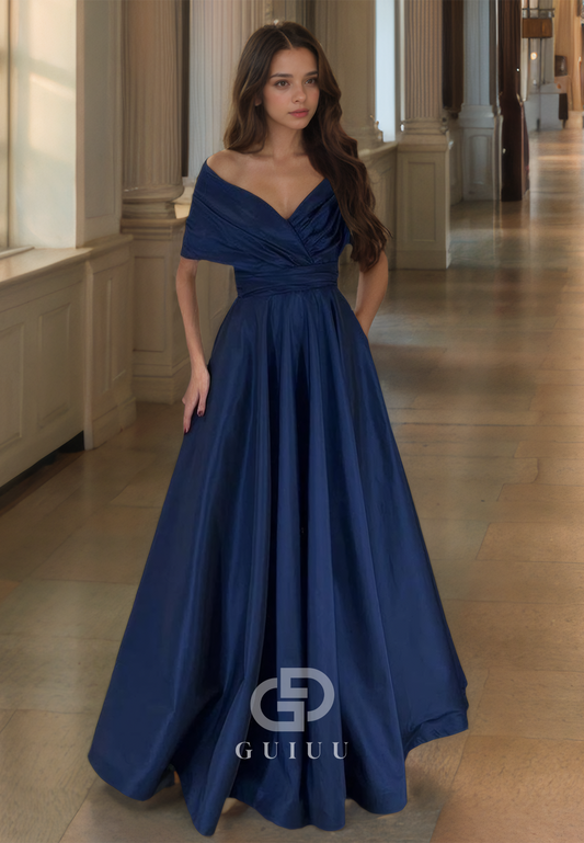 A Line Off Shoulder Pleats Long Prom Formal Dress with Pockets