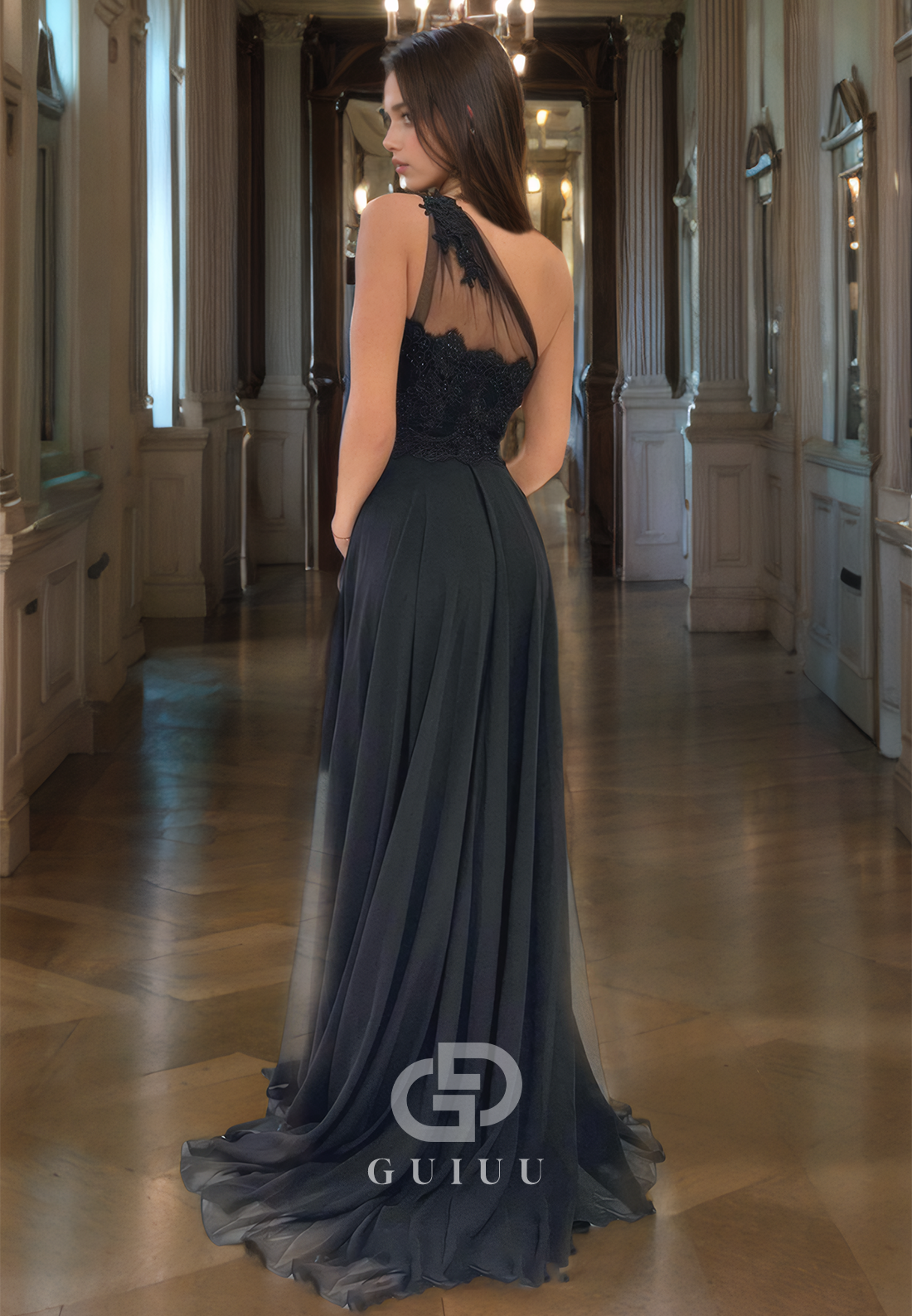 A-Line One Shoudler Appliques Long Prom Dress with High Side Slit and Train