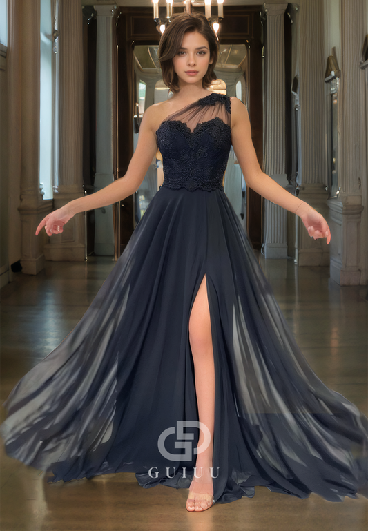 A-Line One Shoudler Appliques Long Prom Dress with High Side Slit and Train