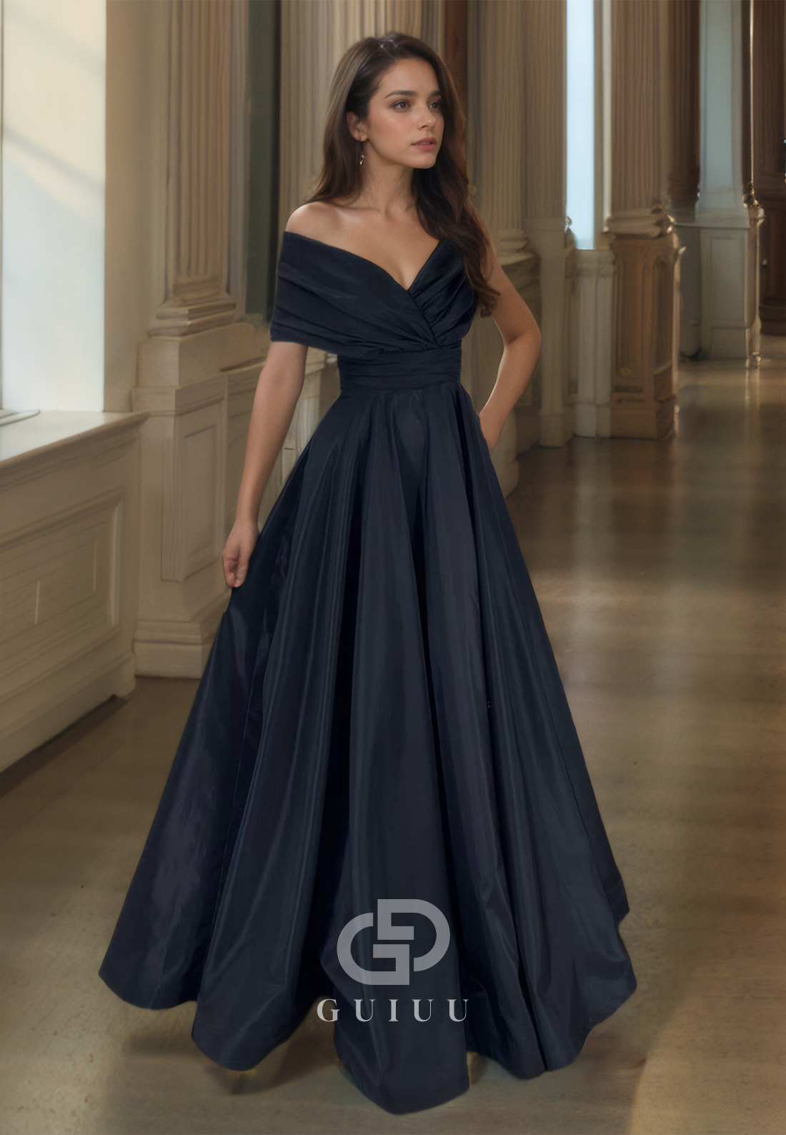 A Line Off Shoulder Pleats Long Prom Formal Dress with Pockets