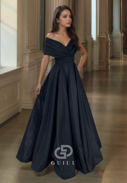 A Line Off Shoulder Pleats Long Prom Formal Dress with Pockets