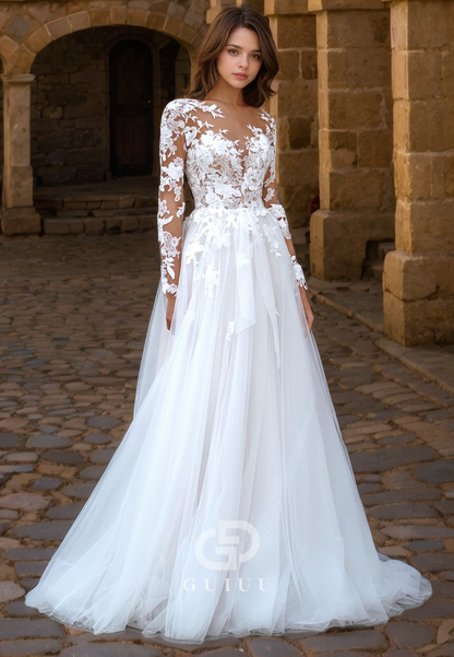 A-Line V Neck Long Sleeves Lace Appliques Tulle Boho Wedding Dress