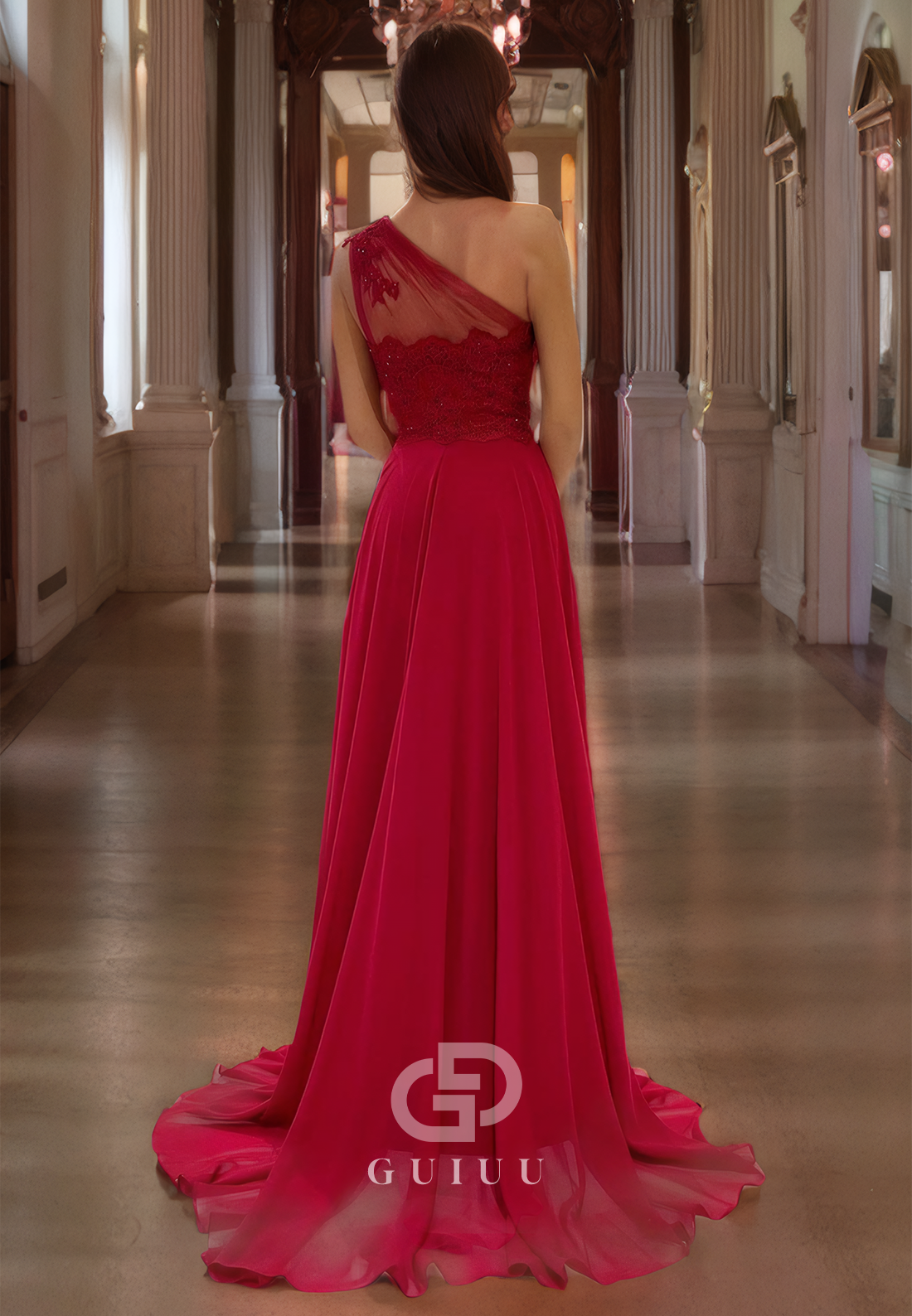 A-Line One Shoulder Sleeveless Appliques Long Prom Dress with High Side Slit and Train