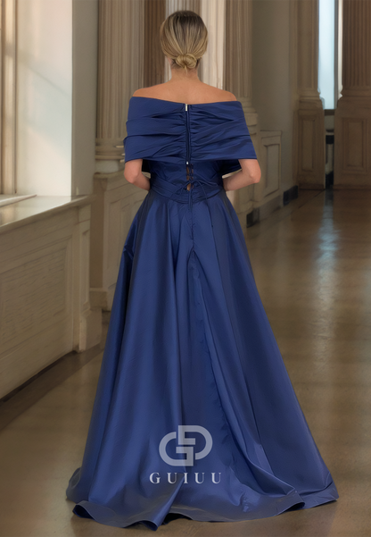 A Line Off Shoulder Pleats Long Prom Formal Dress with Pockets