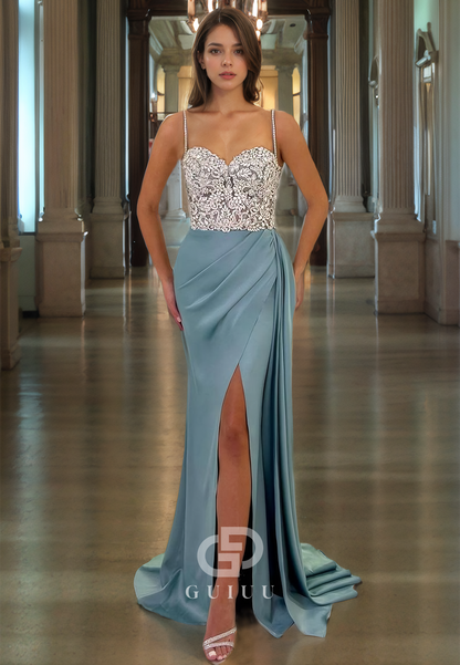 Sheath Strapless Straps Sleeveless Appliques Pleated Long Prom Dress with High Side Slit and Train