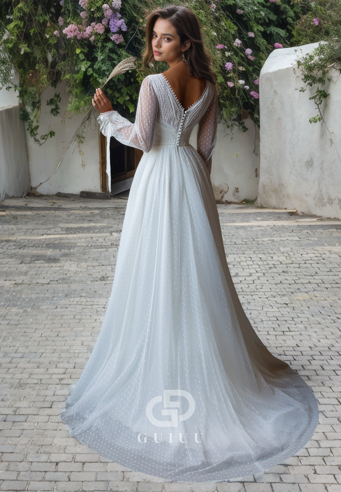 A-Line V Neck Long Sleeves Pleated Tulle Boho Wedding Dress with Train