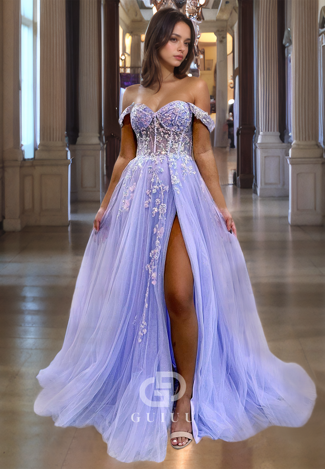 A-Line Off Shoulder Sleeveles Appliques Beaded Long Prom Dress with Train