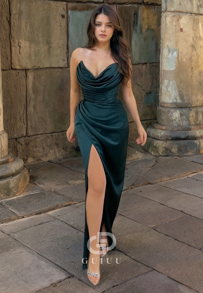 Sheath V Neck Sleeveless Pleated Long Prom Dress with High Side Slit