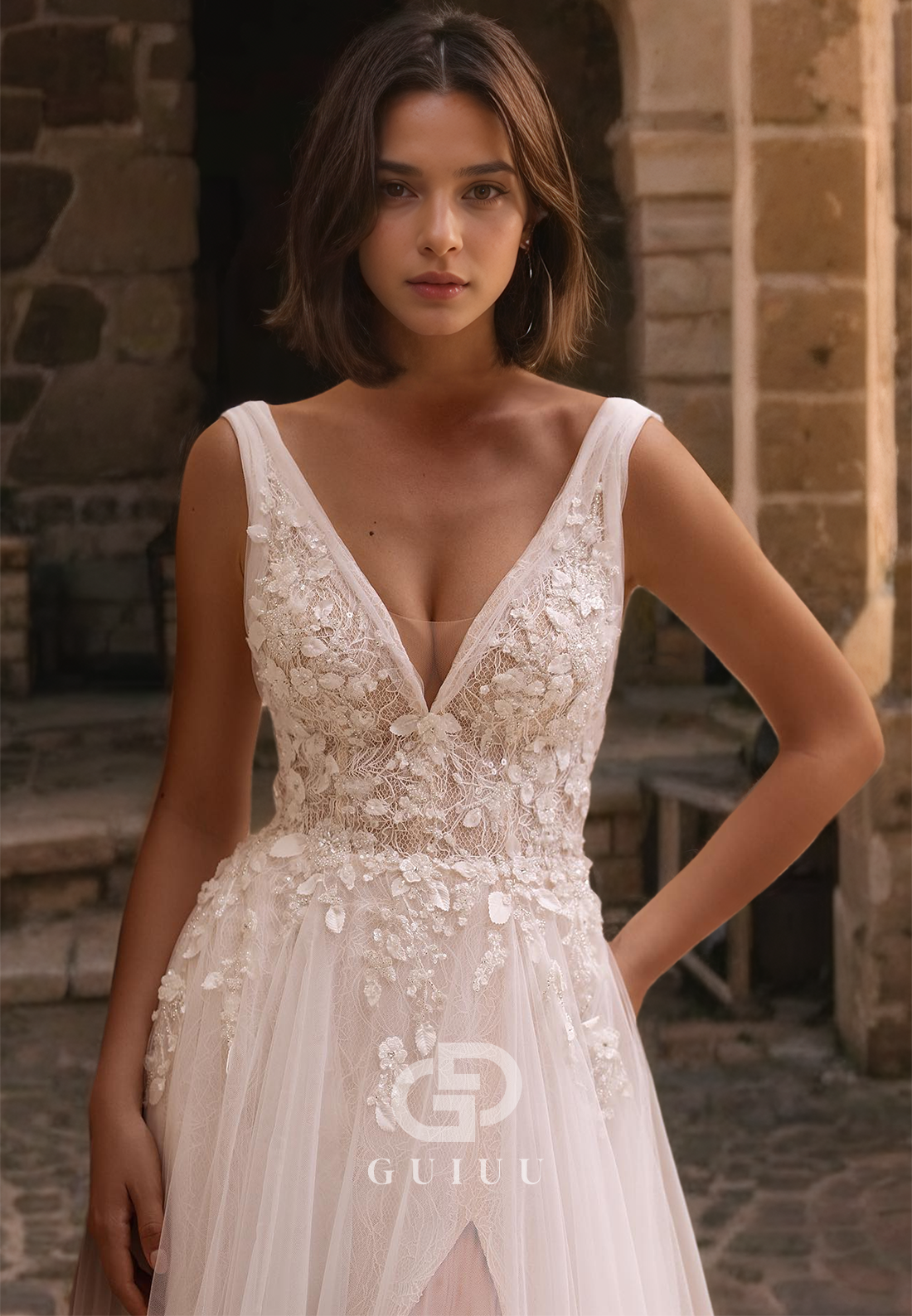 A-Line V Neck Straps Sleeveless Appliques Tulle Wedding Dress with High Side Slit and Train