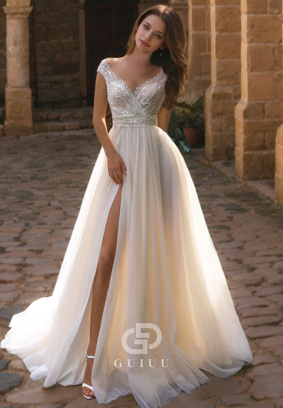 A-Line V Neck Straps Sleeveless Beaded Sequins Wedding Dress with High Side Slit and Train