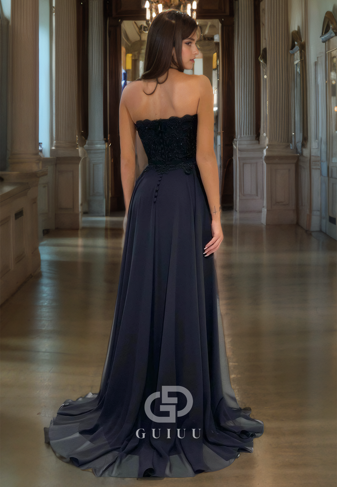 A-Line Strapless Sleeveless Appliques Long Black Prom Dress with High Side Slit