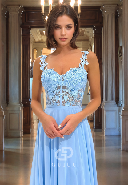 A-Line Strapless Sleeveless Straps Appliques Long Prom Dress with Train