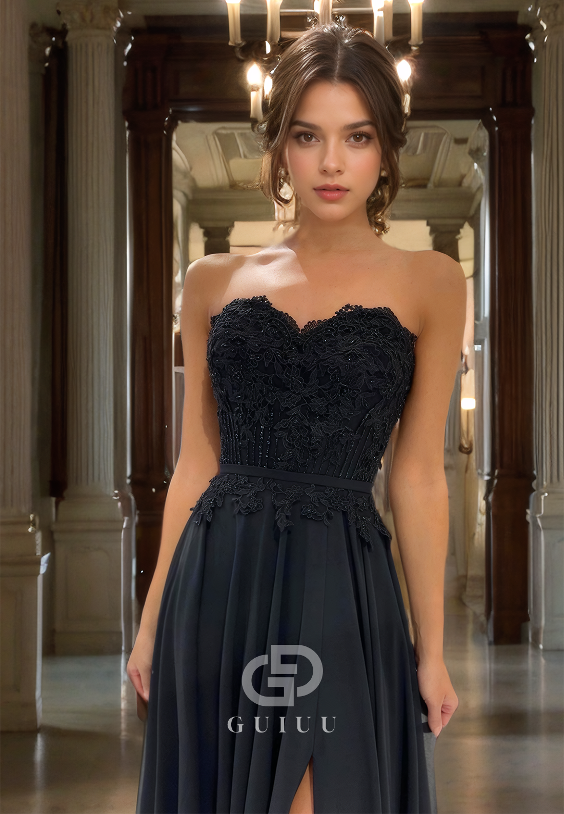 A-Line Strapless Sleeveless Appliques Long Black Prom Dress with High Side Slit