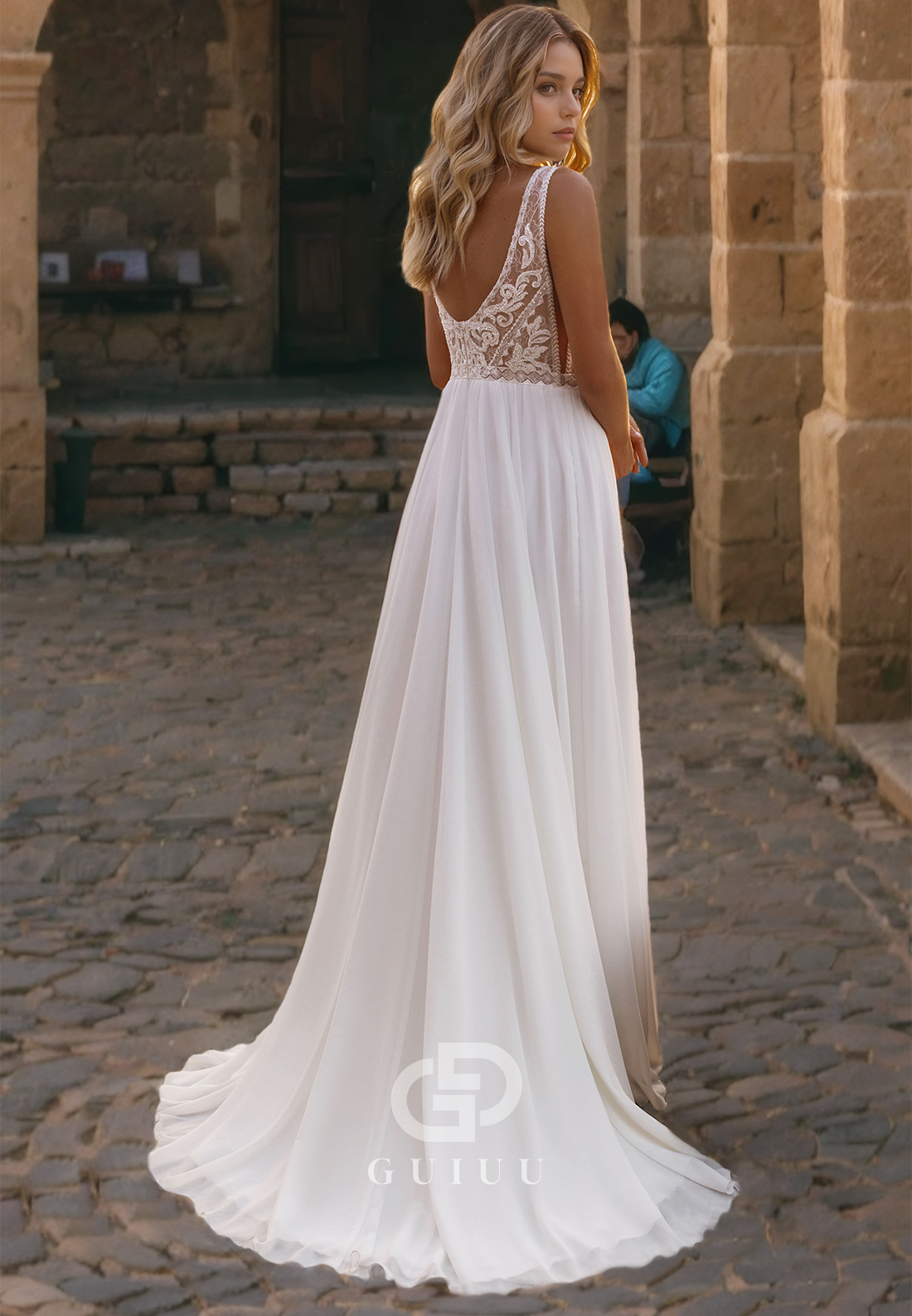 A-Line V Neck Sleeveless Straps Appliques Wedding Dress with Train