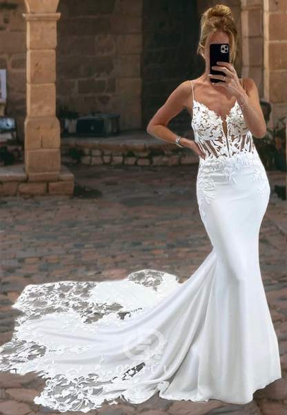 Mermaid V Neck Straps Sleeveless Appliques Long Wedding Dress with Train