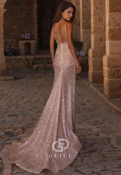 Sheath Low V Neck Straps Sleeveless Fully Sequins Wedding Dress with High Side Slit and Train