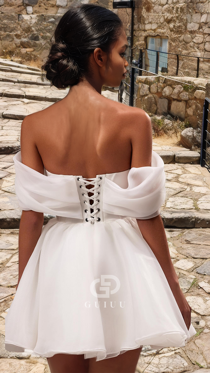 GW996 - A-Line Off Shoulder Pleated Back Lace-Up Tulle Mini Wedding Dress