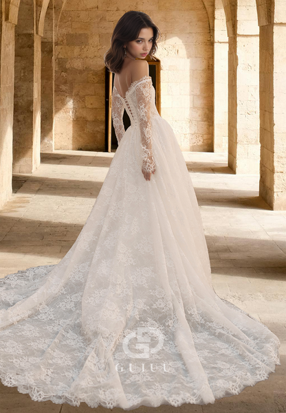 Long Sleeves Off-Shoulder Floral Appliques A-Line Court Train Lace Wedding Dress