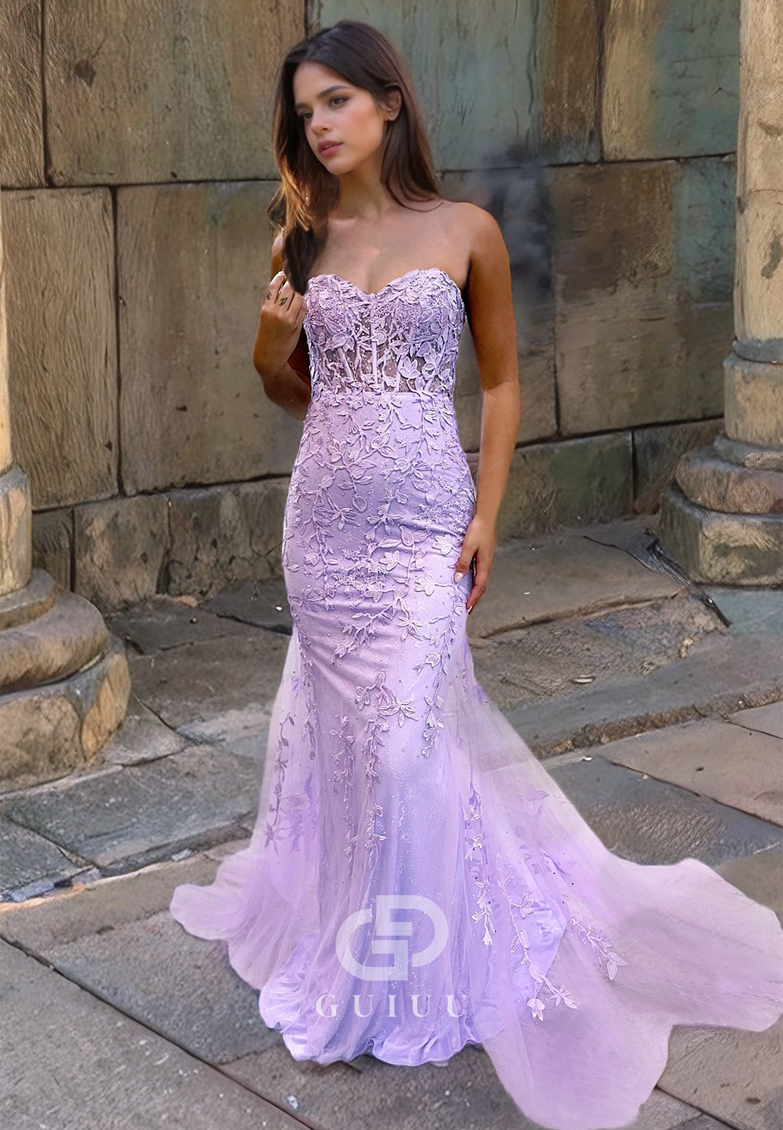 Mermaid Strapless Sleeveless Appliques Long Prom Dress with Train