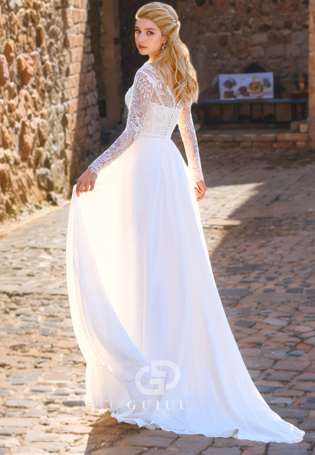 A-Line V Neck Log Sleeves Lace Wedding Dress with High Side Slit and Train