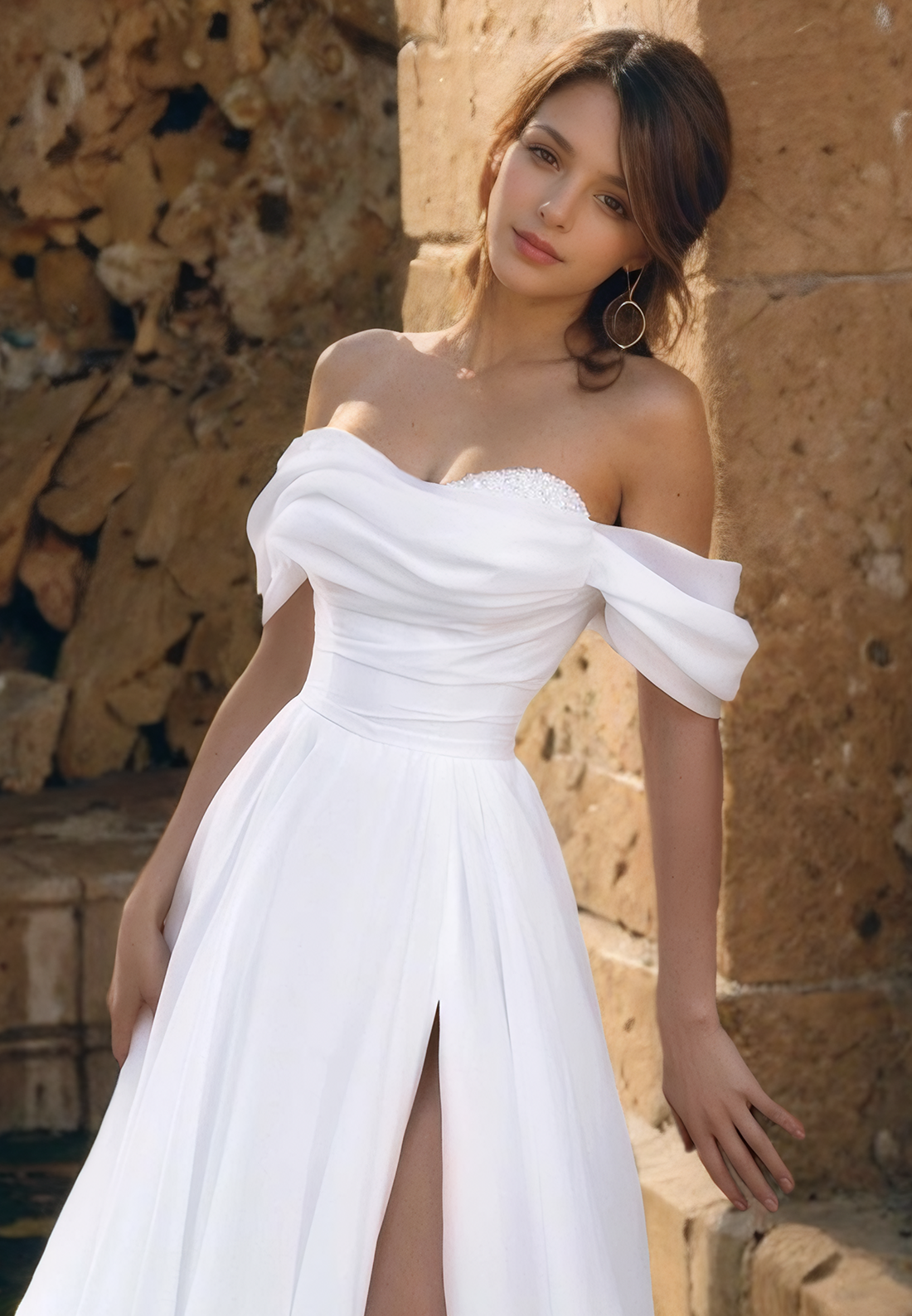 A-Line Off Shoulder Sleeveles Pleated Long Wedding Dress with High Side Slit and Train