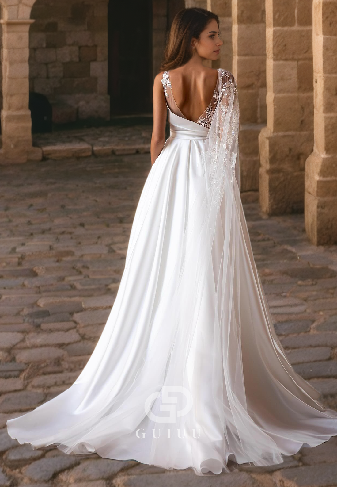 A-Line One Shoulder Sleeveless Appliques Satin Wedding Dress with Train