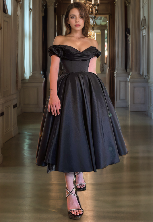 G2863 - Classic & Timeless A-Line Lace Off-Shoulder Satin Black Prom Evening Dress