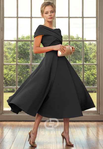 A-Line Off Shoulder Sleeveless Pleated Tea Length Mother of Bride Dress