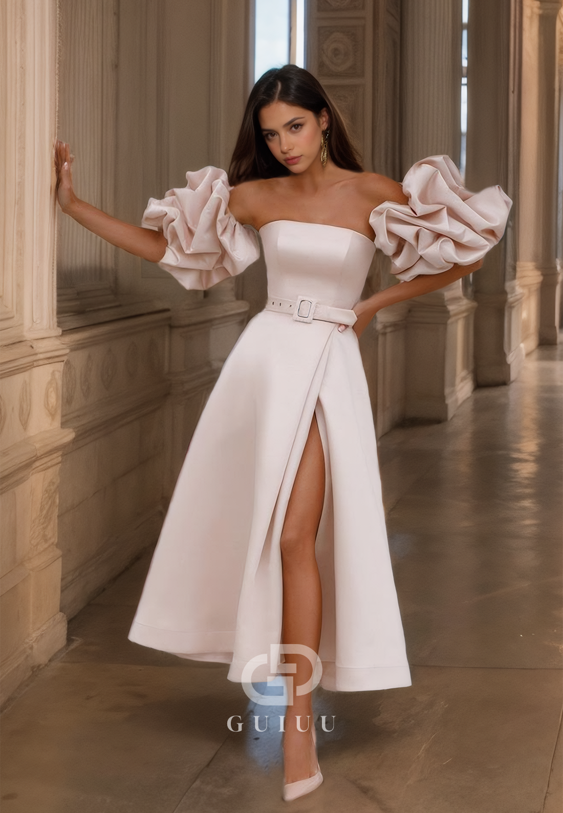 A-Line Off Shoulder Half Lantern Sleeves Ruched Tea Length Prom Dress with High Side Slit and Train