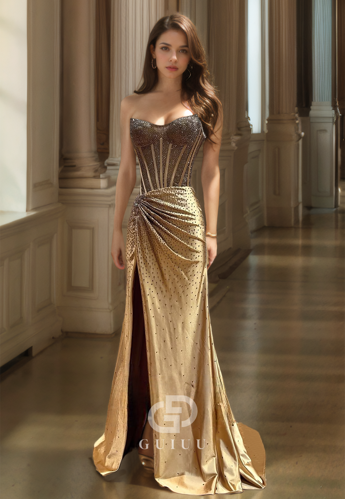 Sheath Strapless Beads Side Slit Long Prom Dress Gold Party Gown